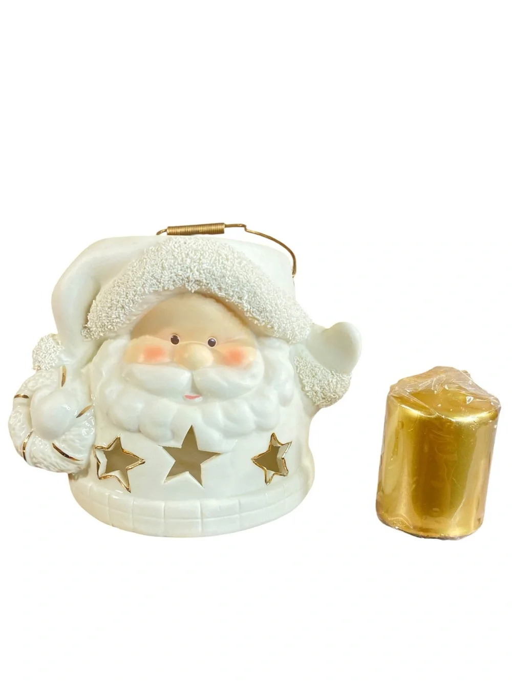 Ceramic Santa Claus Lantern Rustic Christmas Charm w Gold Candle Holiday Decor
